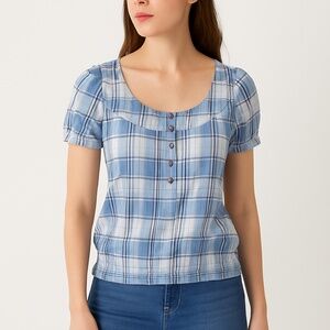 Brina & Em | Blue Plaid Button Front Peasant Blouse Small